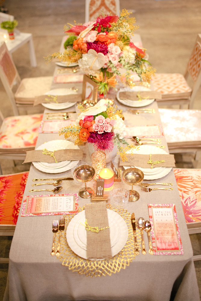 orange pink and gold wedding table