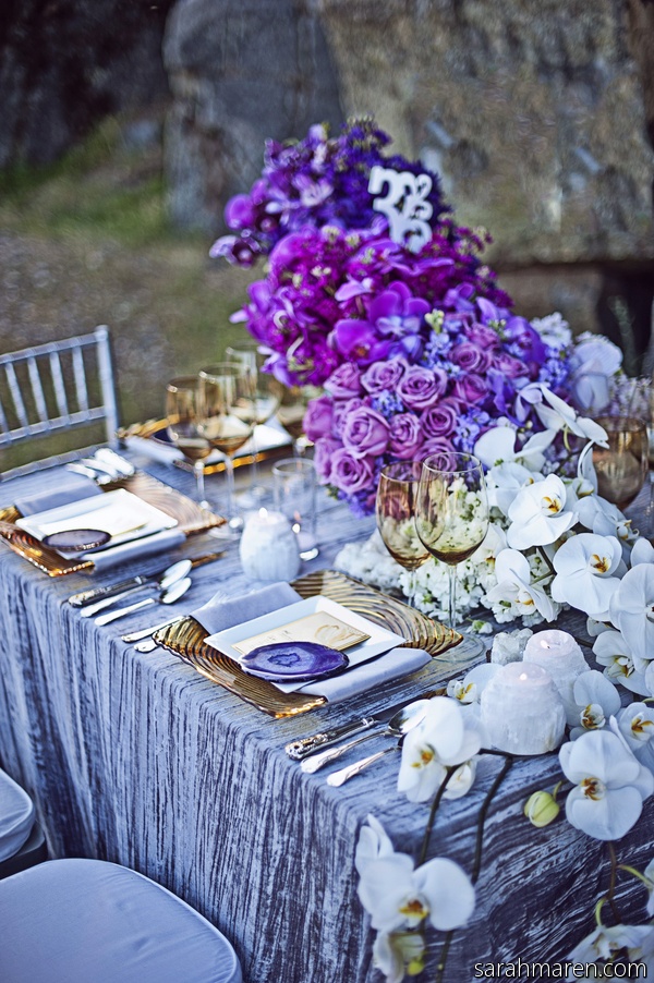 Purple ombre centerpiece and elegant tablescape