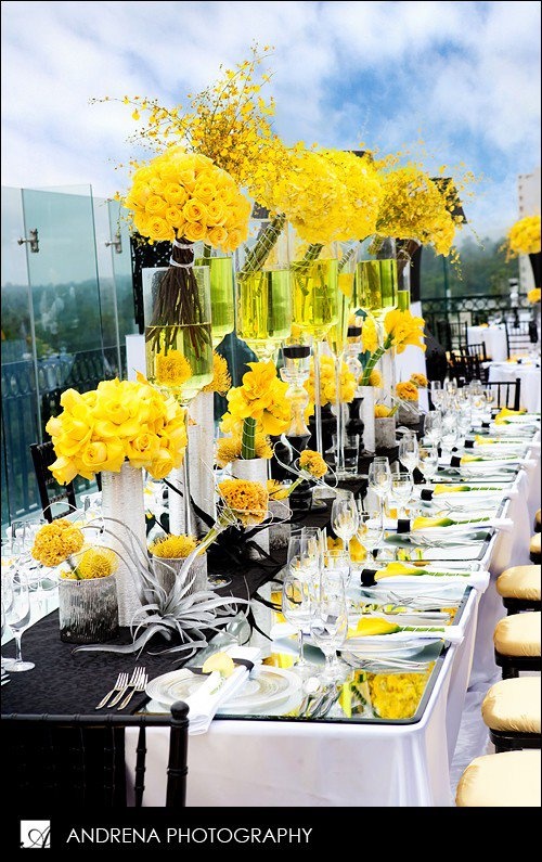 wedding tablescape-modern, gorgeous yellow centerpieces