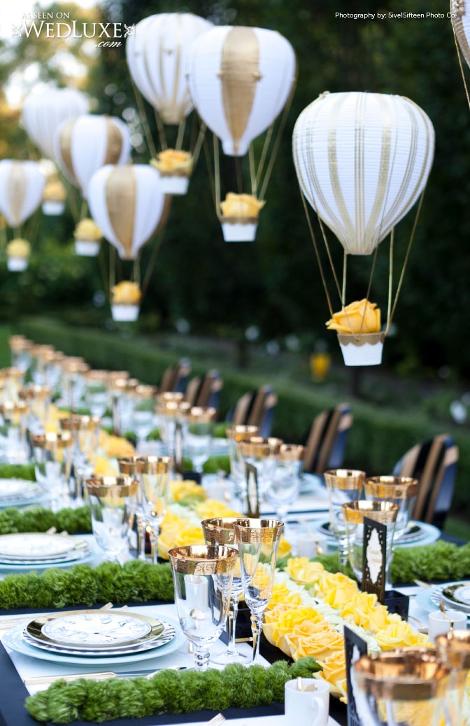amazing air balloon decorations and all yellow rose tablescape!