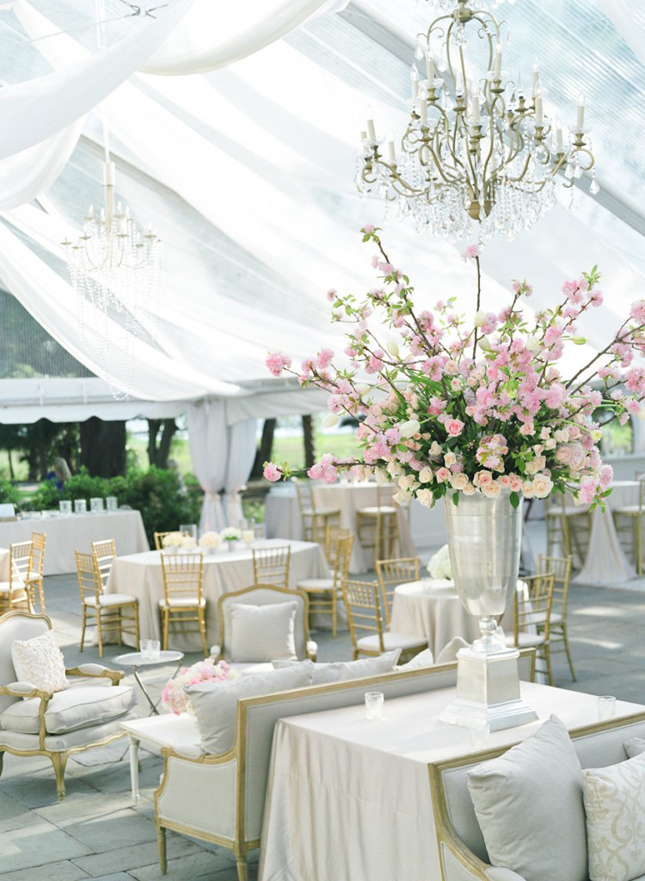 pink, gold, silver and white beautiful centerpiece and tent