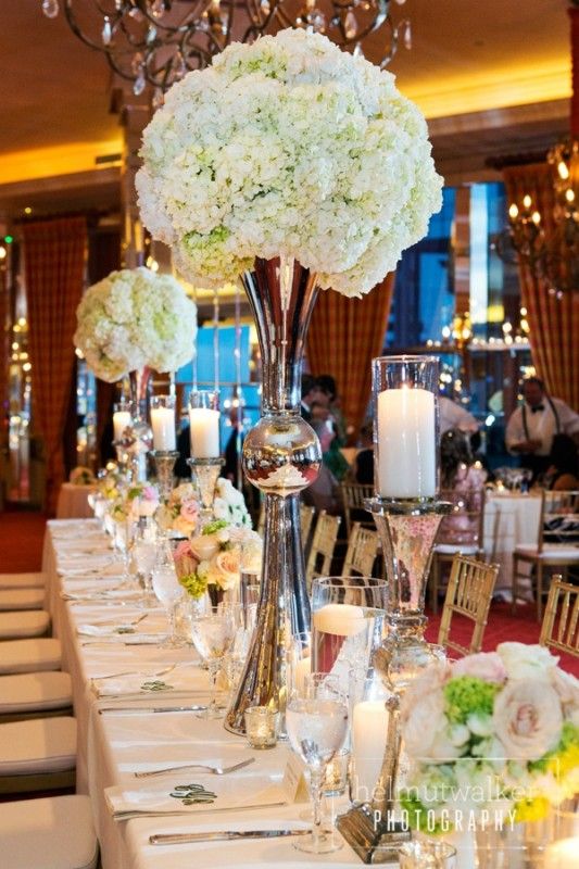 Tall beautiful silver vases with lovely hydrangea arrangement!